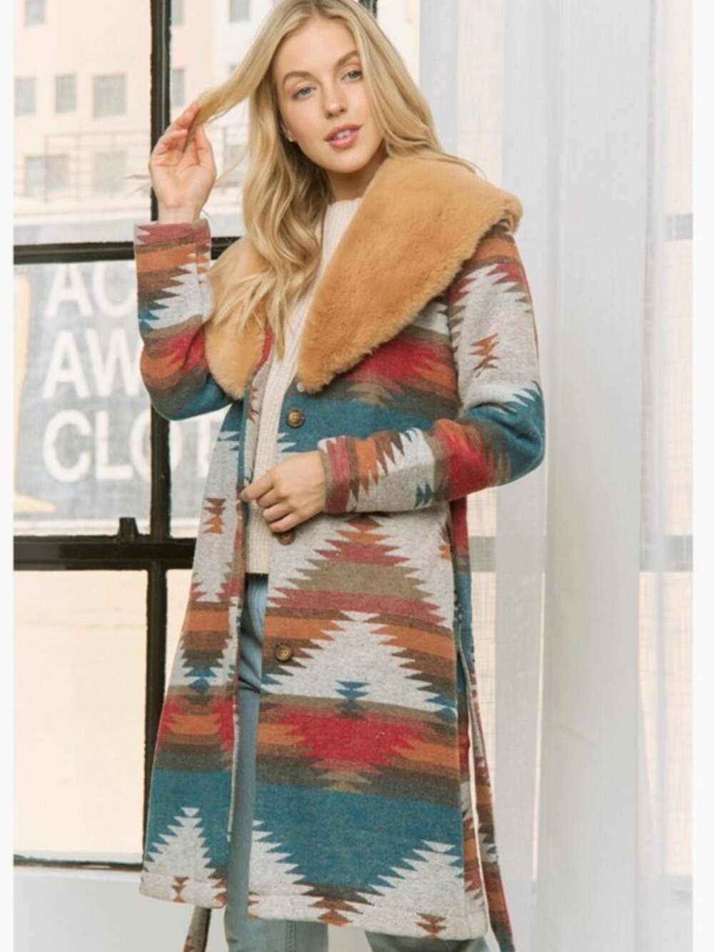 Aztec Jacket Shacket with Contrast Fur Showl Collar - Picture 12 of 13